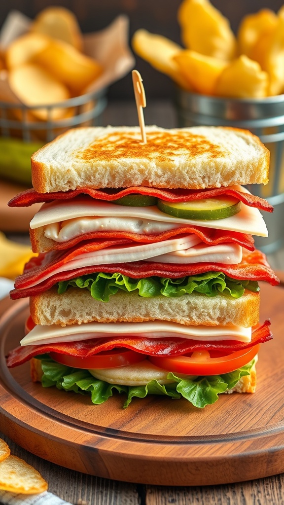 A classic club sandwich layered with turkey, bacon, lettuce, and tomato on a wooden platter with pickles and chips.